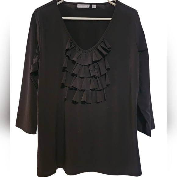SUSAN Graver Black Liquid Knit long sleeve Ruffle Front Pullover Top Large - Picture 1 of 7